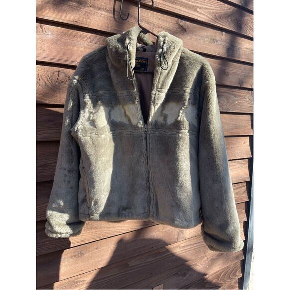 Vintage Woolrich Plush Gray Hooded Tumblewood Leaves Faux Fur Jacket Coat Sz M - Picture 2 of 10